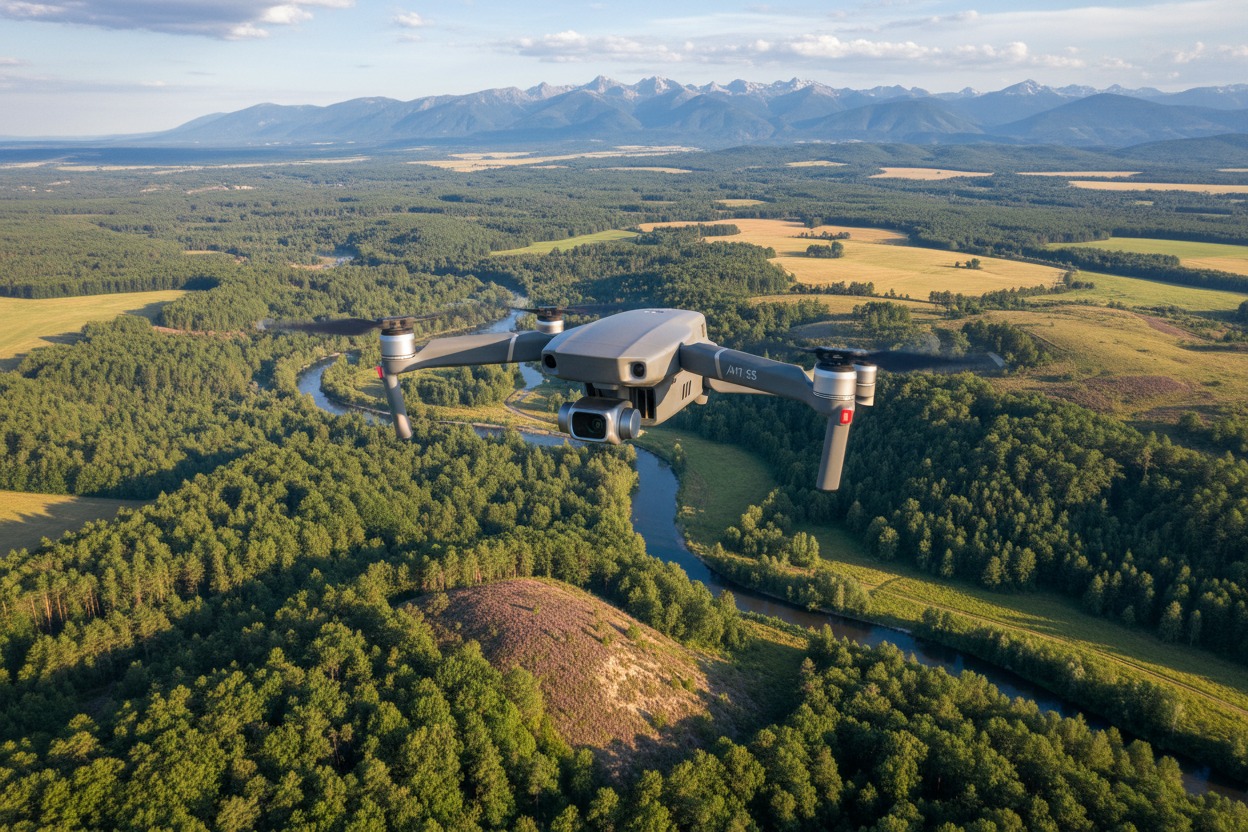 A gray drone flies over a winding river surrounded by a dense forest and distant mountains.