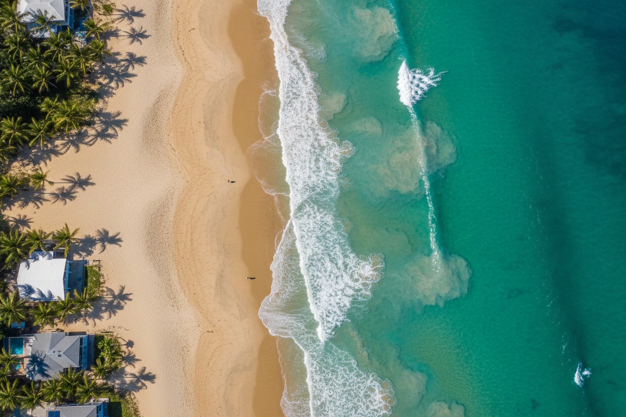 Aerial view of a sandy beach with palm trees, houses, and turquoise ocean waves breaking along the shore.