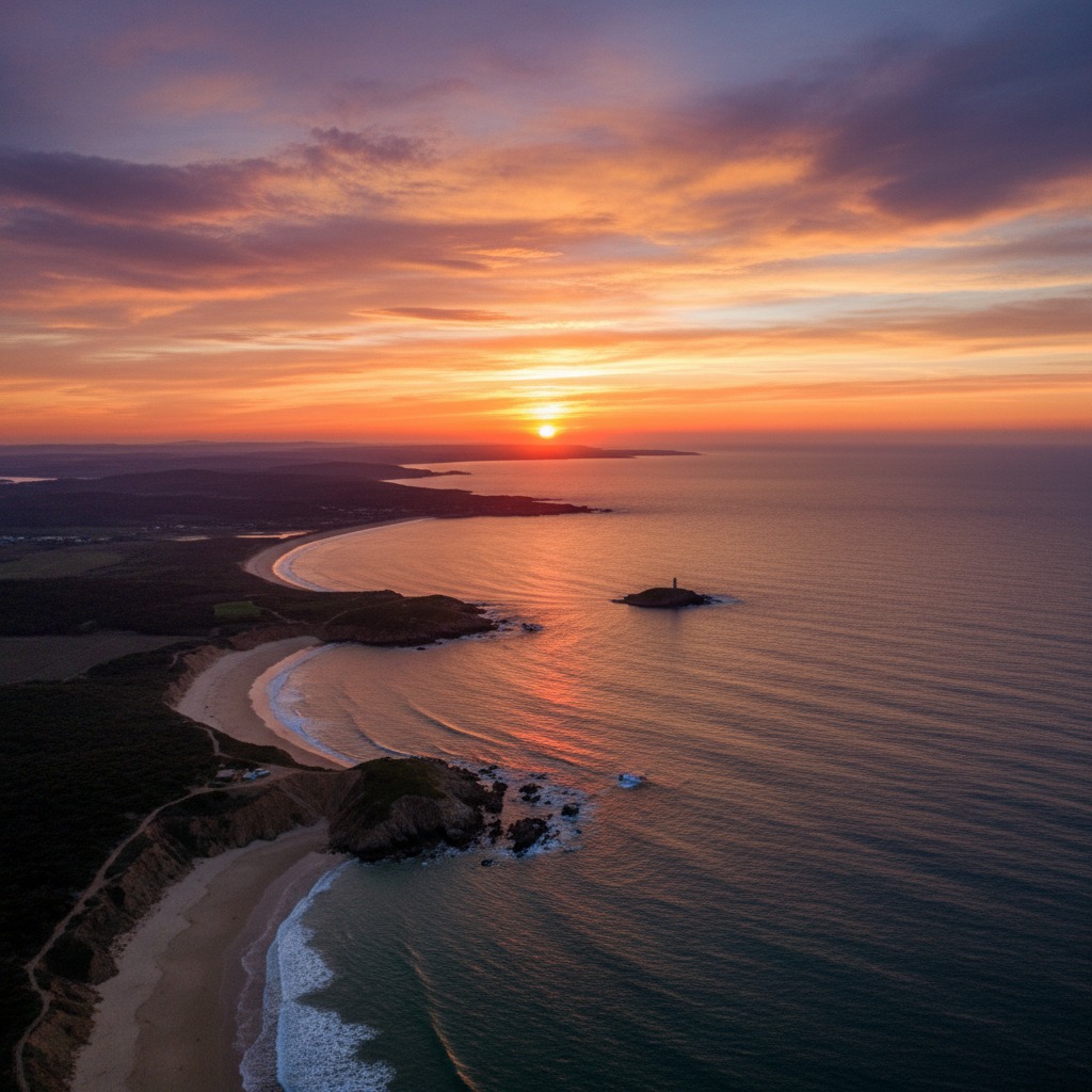 Aerial view of a coastline at sunset with a small island lighthouse in the distance.